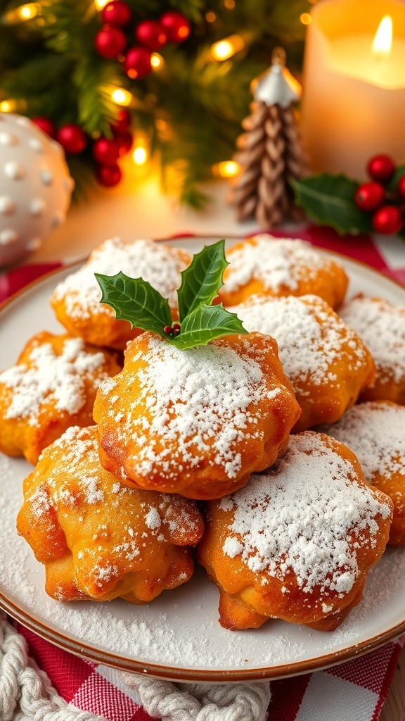 Golden-brown Christmas fritters dusted with powdered sugar on a festive plate, surrounded by holiday decorations.